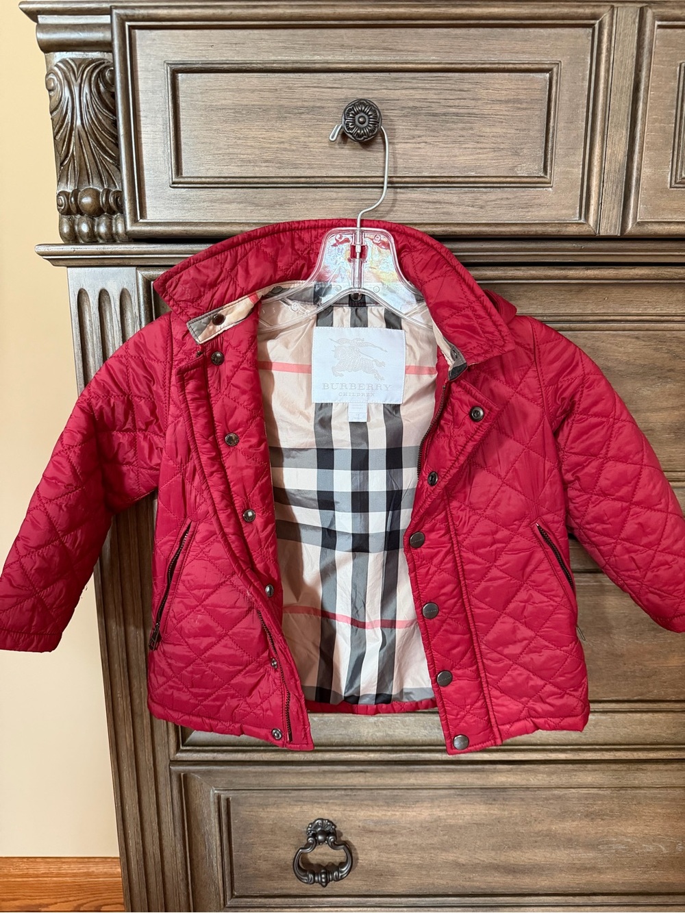 Burberry Kids Quilted Red Puffer Jacket with Signature Check Lining